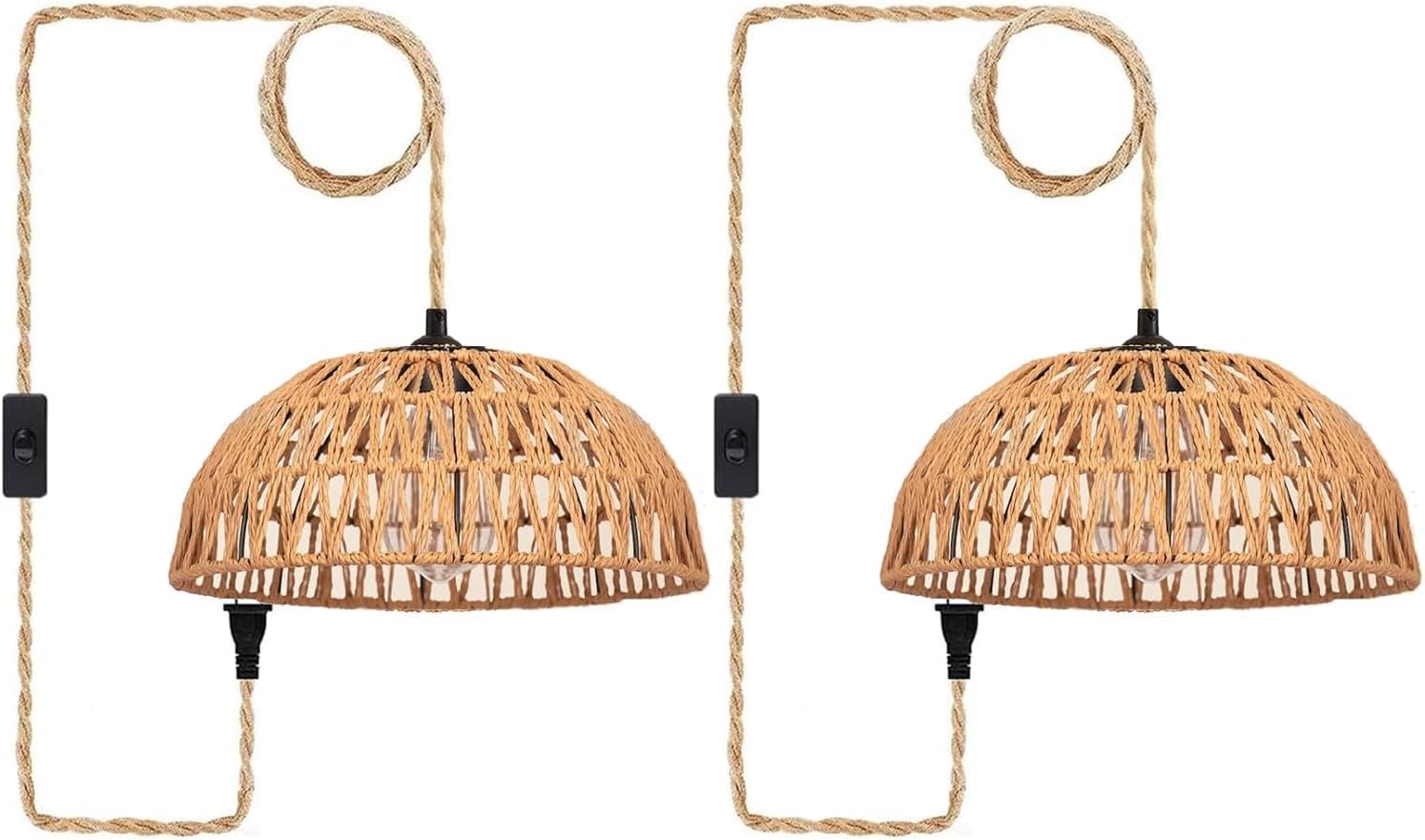2 Pack Plug In Pendant Light 10.2'' Rattan Hanging Lamp With Switch,Hemp Rope Cord Boho Woven Wicker Lampshade Hanging Lights Wi
