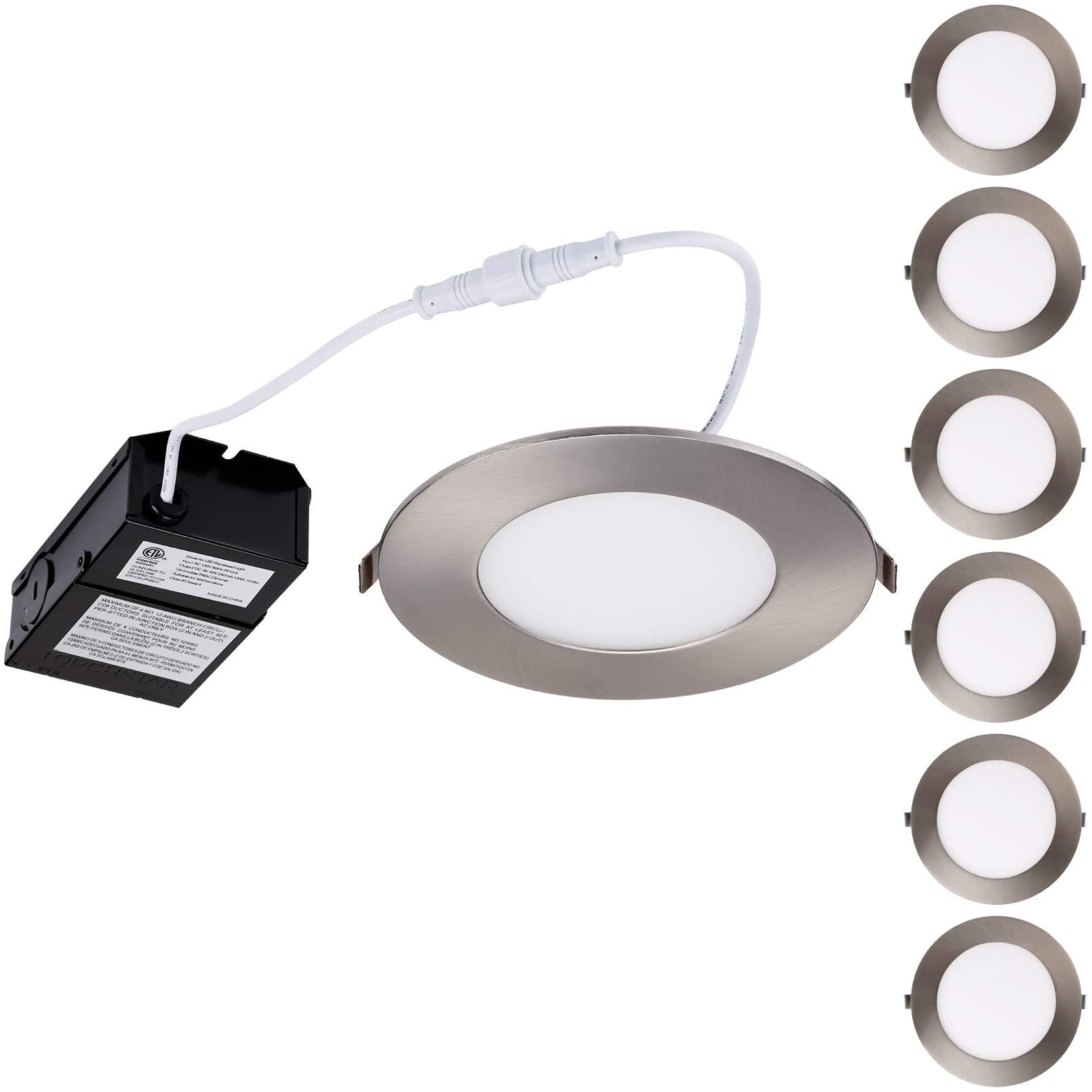 Torchstar E-Lite Series 6 Inch Slim Recessed Lighting With J-Box, 13.5W Ultra-Thin Led Recessed Light, Dimmable Canless Downlight, Etl&Es Listed, Cri90, 3000K Warm White, Satin Nickel, Pack Of 6