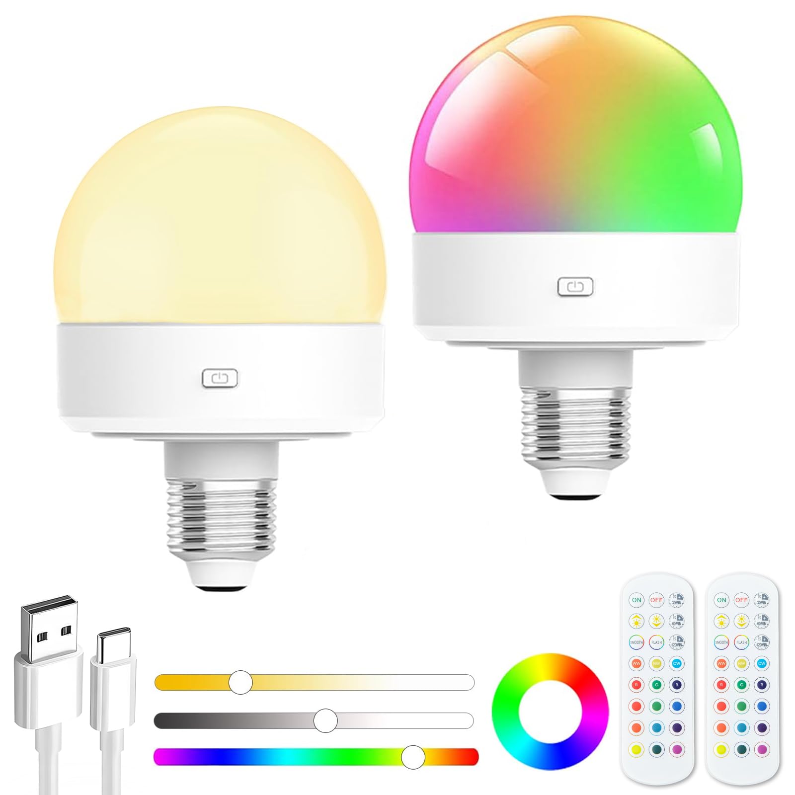 Funlenry Rechargeable Light Bulbs With Remote - E26 Battery Operated Light Bulb For Non-Hardwired Wall Sconces, Pendant Lights E