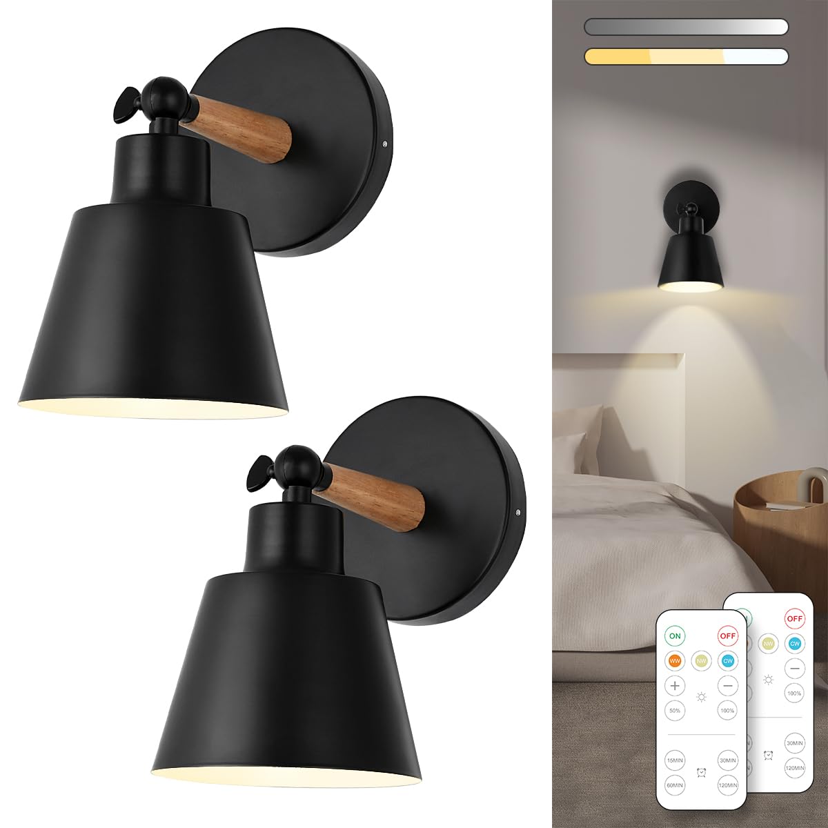 BIMEAN Black Battery Operated Wall Sconce Set of Two, Dimmable LED Lights with Remote Control for Bedroom, Gallery, Living Room