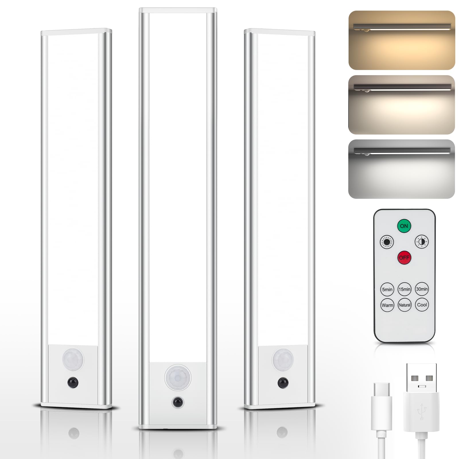 Dealgadgets Under Cabinet Motion Sensor Led Lights, 3 Color Temperatures, Usb-C Rechargeable, 3 Pack