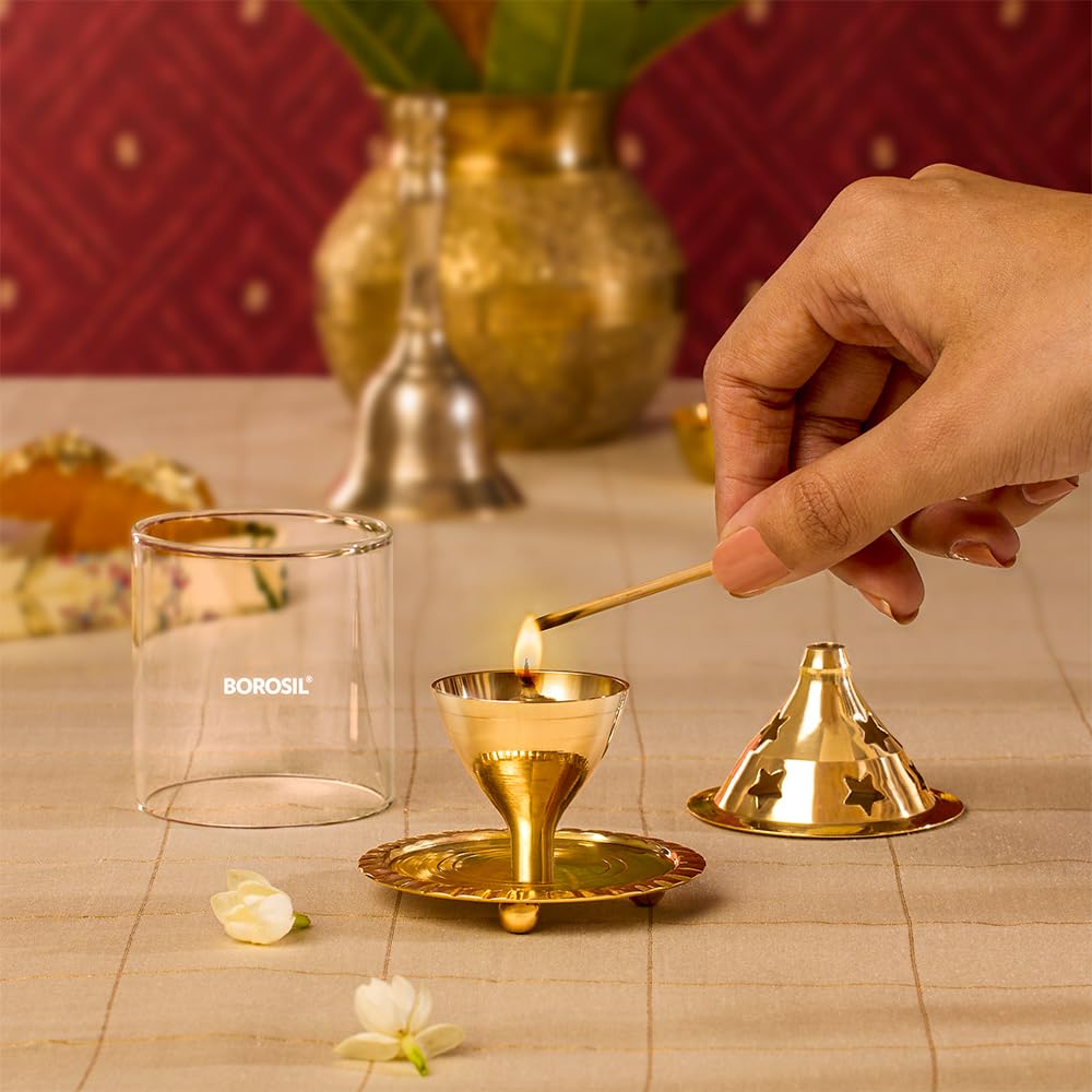 Borosil Akhand Diya - Small Brass Oil Lamp, Multicolor, Model HDADBTRD056