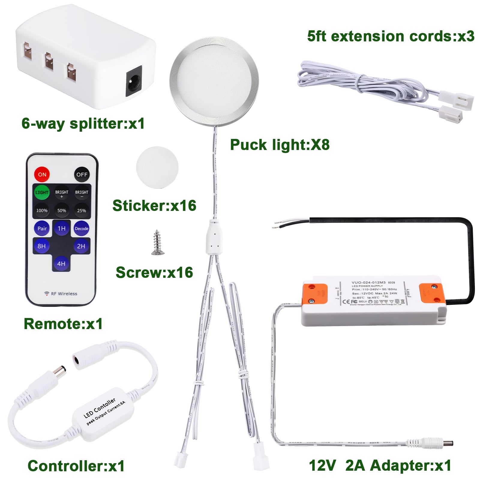 Aiboo Linkable Under Cabinet Led Lighting 12V Dimmable Puck Lights Hardwired With Wireless Rf Remote Control For Kitchen Mood Lighting(8 Lights, Warm White, No Wall Plug)