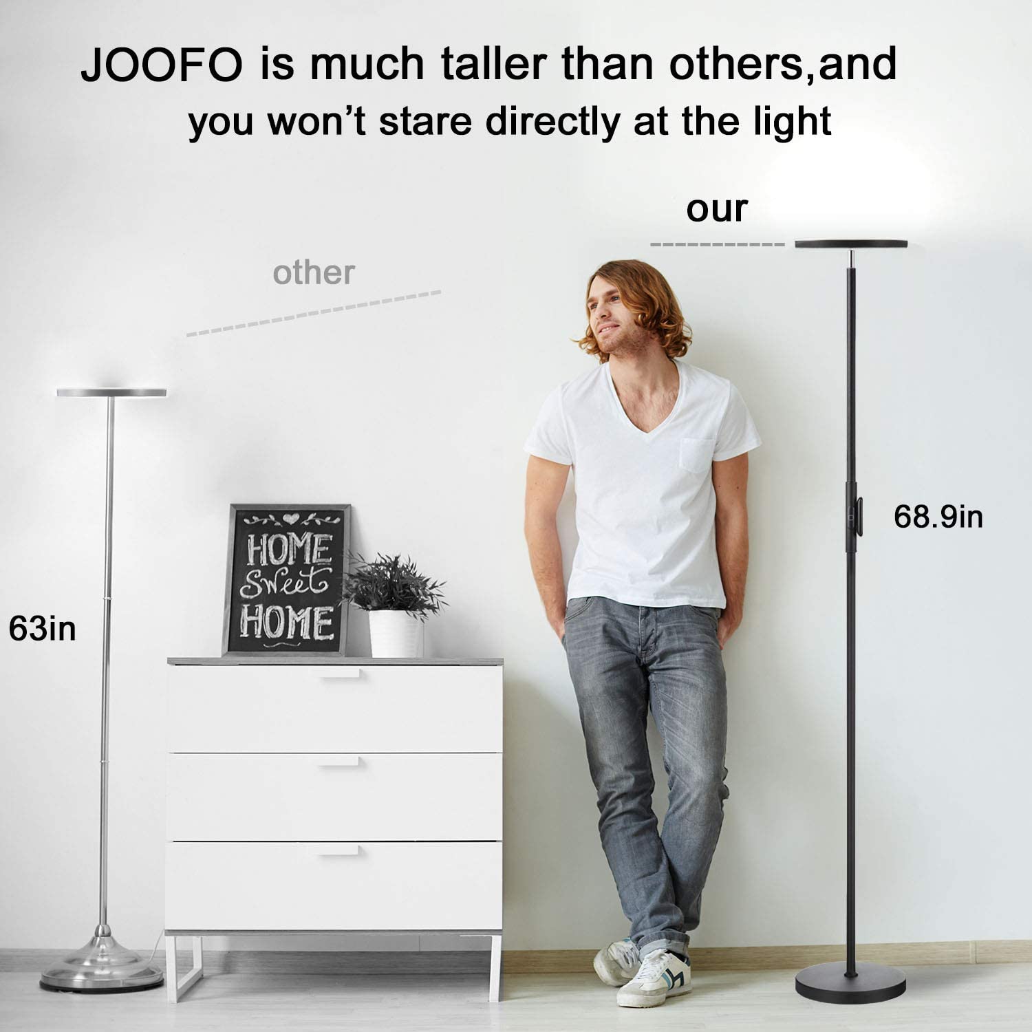 JOOFO 30W LED Floor Lamp - Modern Torchiere with Remote & Touch Control, 2400LM, Iron, Black, Model 1