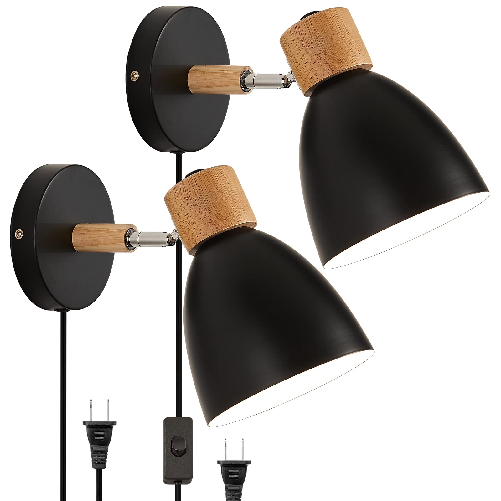 Eyooer Wall Sconces Plug In, Swing Arm Wall Lamp With Power Cord, Black Plug In Wall Lighting Fixtures Set Of Two, Bedside Wall