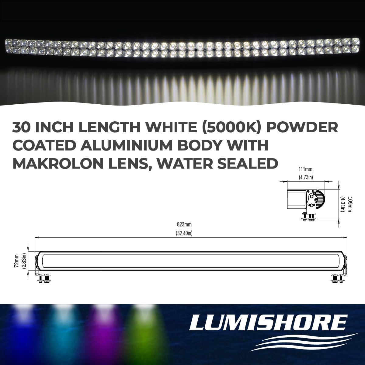 Lumishore 30 Inch LED Spotlight - Waterproof White Light Bar, 53,460 Lumens, Aluminum, Model 60-0472