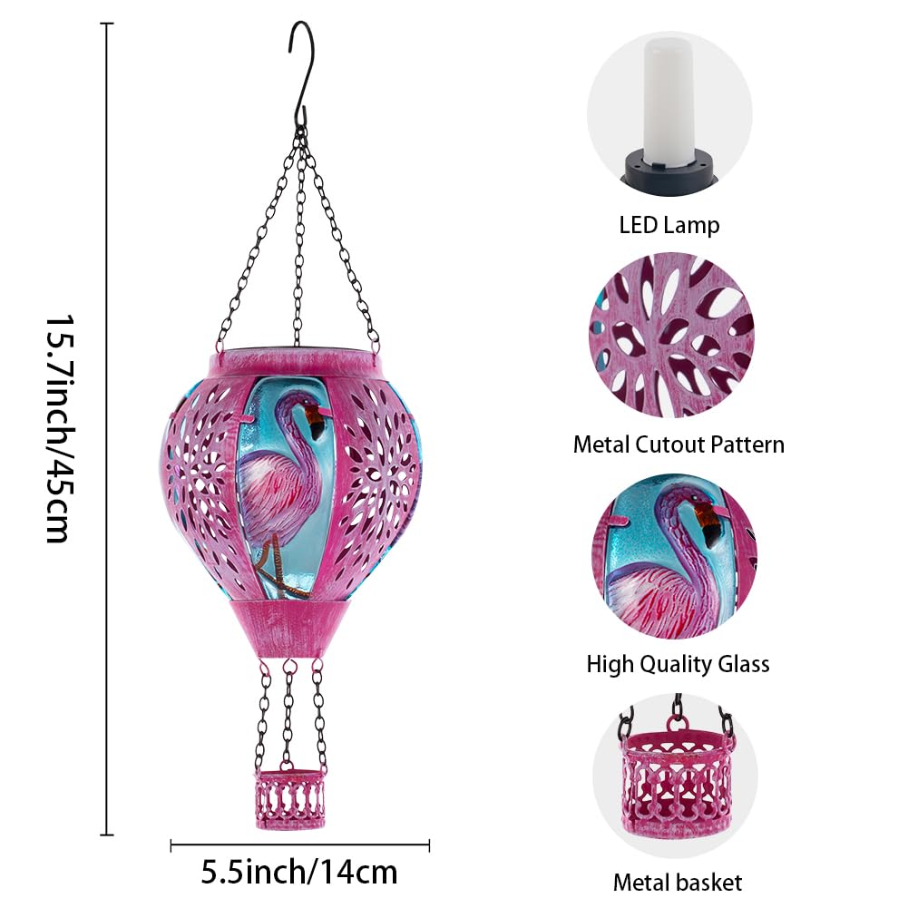 Starsoul Pink Hot Air Balloon Solar Lantern Flamingo Metal & Glass Solar Hot Air Balloon Hanging Garden Light Waterproof Outdoor
