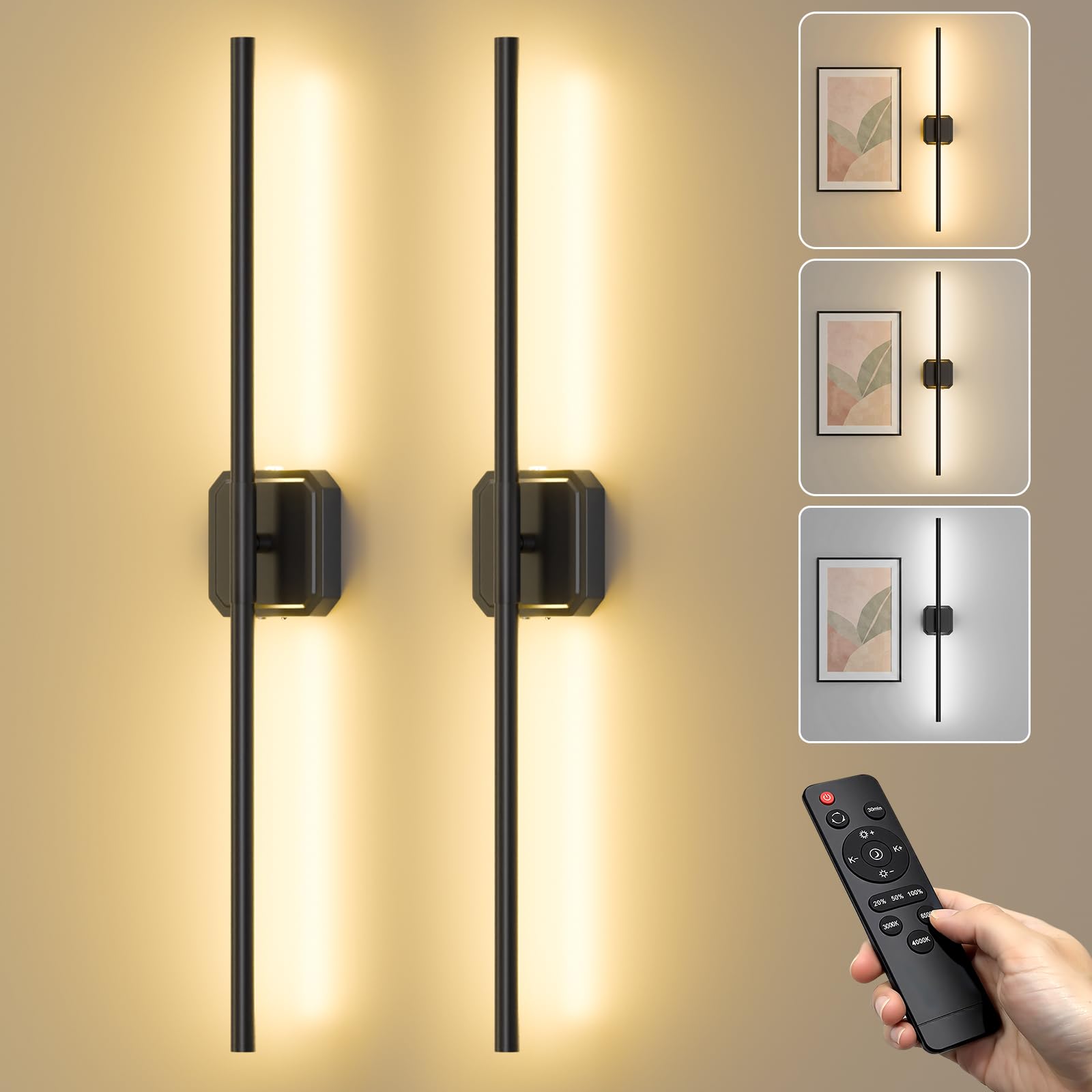 Ollny Battery Operated Wall Sconces Set of 2: Rechargeable Wall Lights with Remote Control, 2700K-6000K Dimmable LED Wall Scones