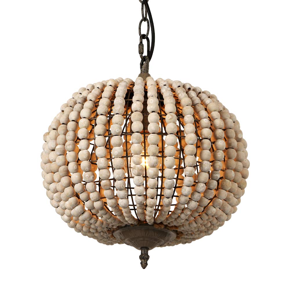 Newrays Wood Bead Chandelier Pendant Bohemian Boho Beachy Ceiling Lamp Light Fixtures (Gray White-Globe, 11.81 In*14.56 In)