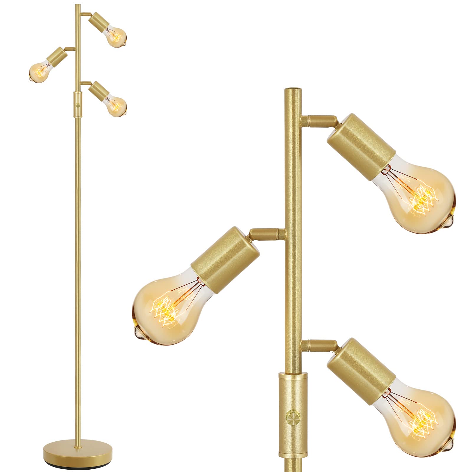 BoostArea Tree Floor Lamp, Brass Gold Industrial Floor Lamp, Modern Standing Lamp with Adjustable 3 Light, E26 Socket, Rotary Sw