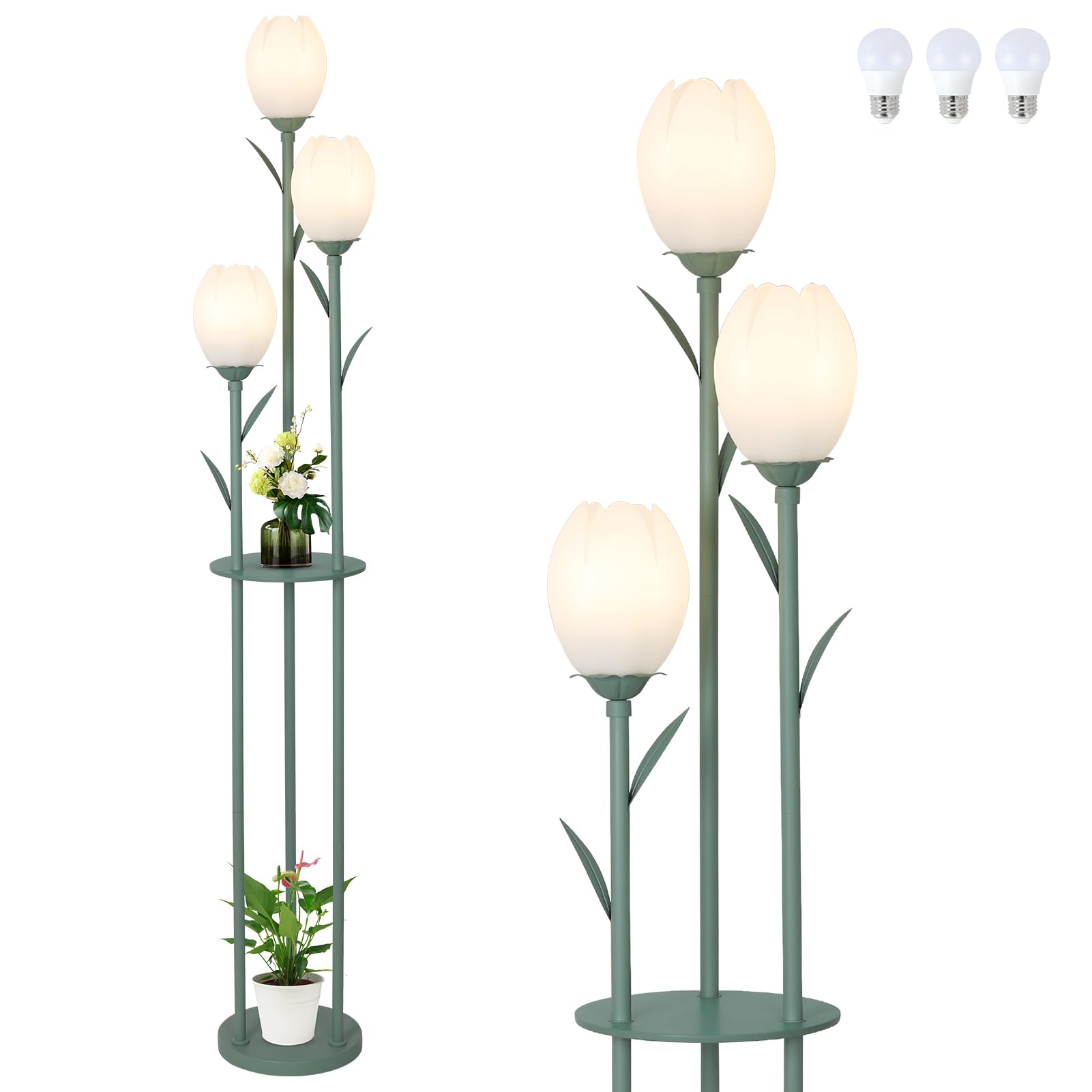 3-Light Flower Floor Lamps for Living Room, Green Floor Lamp with Shelves, Unique Tulip Standing Lamp with 3 LED Blubs, Cute Flo