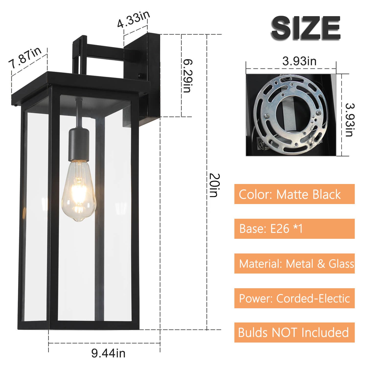 tewei Outdoor Wall Lanterns, 20 Inch Dusk to Dawn Sconce Light, Black, 2 Pack, E26 Base, Clear Shade, Modern Design for Garage & Porch
