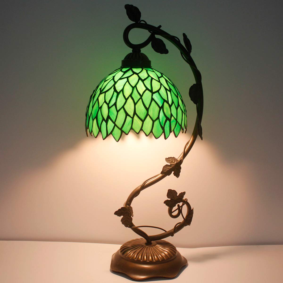 WERFACTORY Tiffany Style Lamp, Stained Glass, Metal Leaf Base, 8X10X21 Inches, Green Wisteria S523 Series