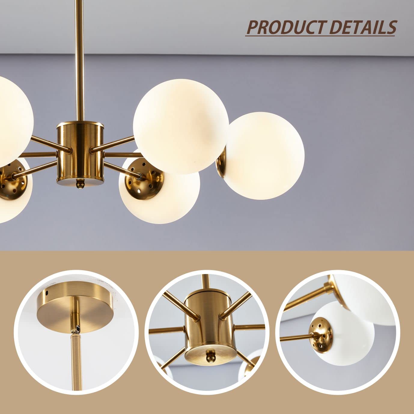 KCO 6-Light Globe Sputnik Chandelier, Modern Gold & White, Metal Fixture, Model L1085-6-Head