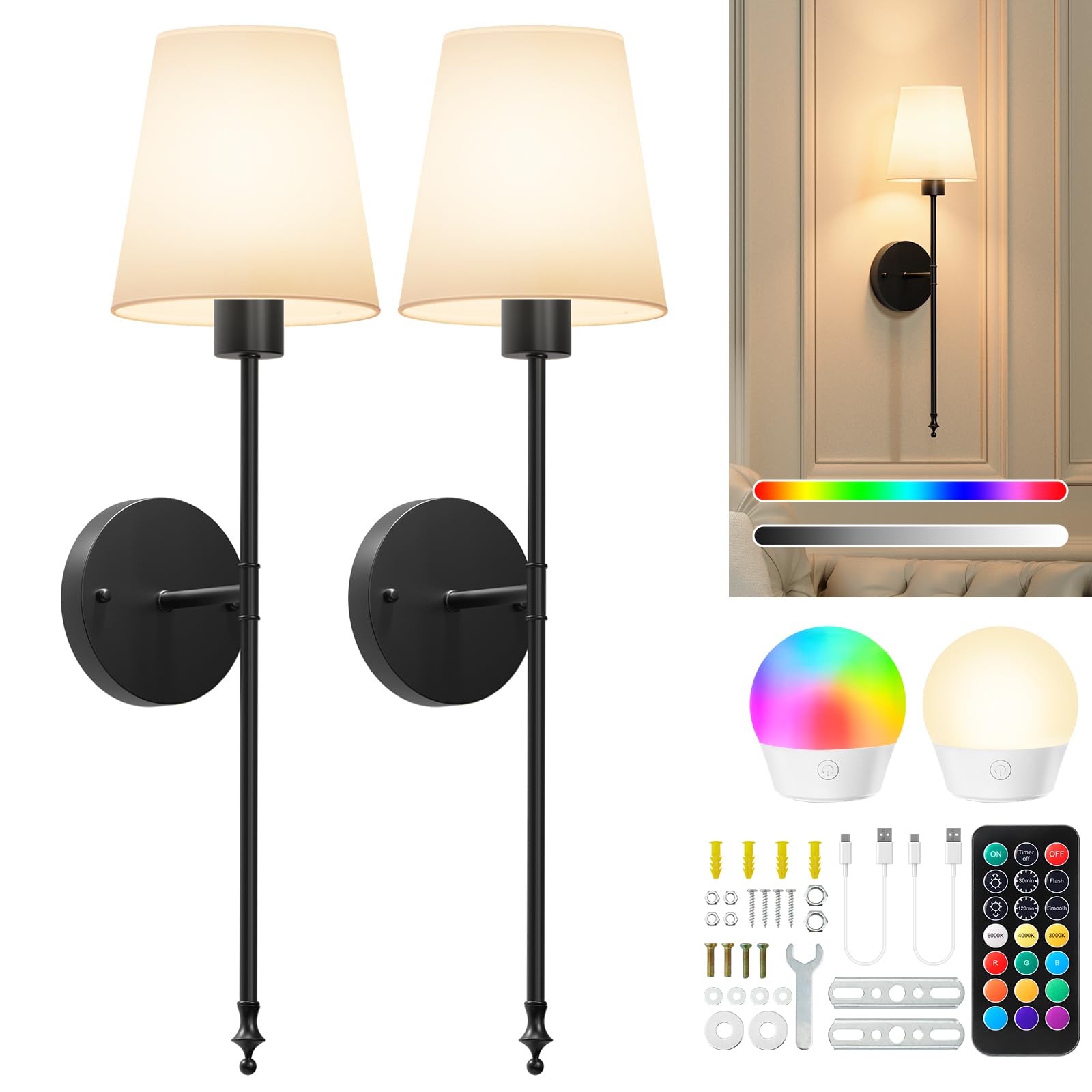Brightown Battery Operated Wall Sconces, Remote Control, 12 Colors, Dimmable, Metal, Black, Model BWS-001, Set of 2