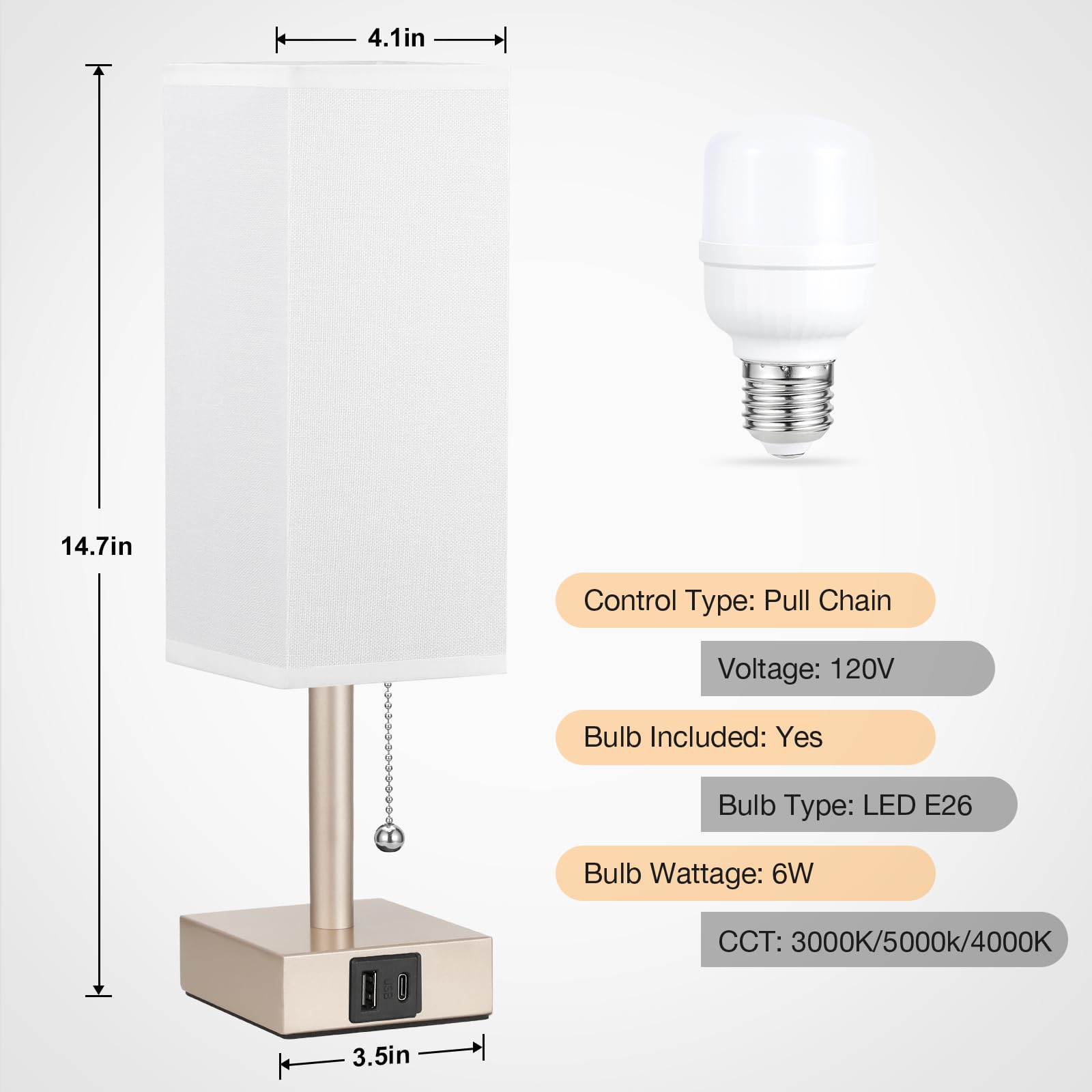 aooshine White Small Table Lamp for Bedroom - 3 Color Temperature 3000K 5000K 4000K Bedside Lamp, Pull Chain Control, USB A and