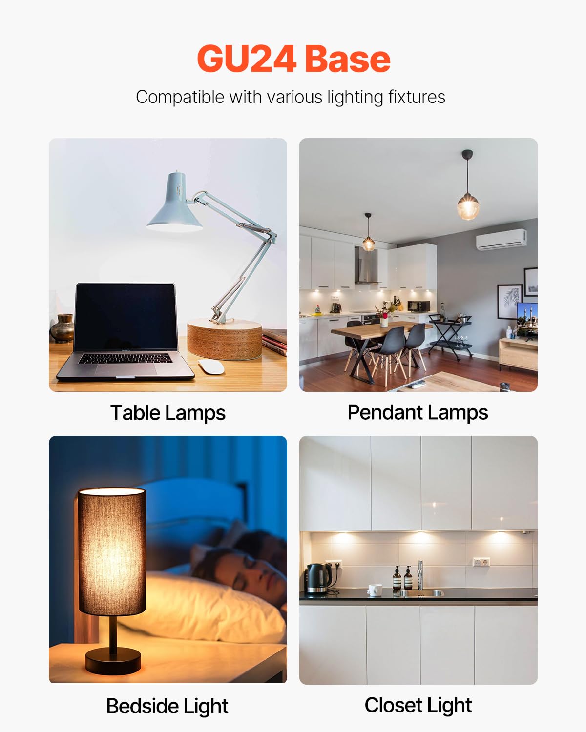 VEVOR 4-Pack CFL Light Bulbs, 13W, 2700K Warm Light, 900lm, GU24 Base, White, Model SN298