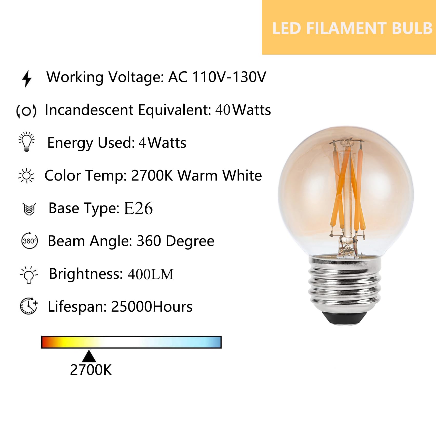 Sunaiony Amber Light Bulbs 40 Watt Equivalent Vintage Light Bulbs Warm White 2700K, E26 Led Bulb G16.5 Globe Dimmable Amber Ligh