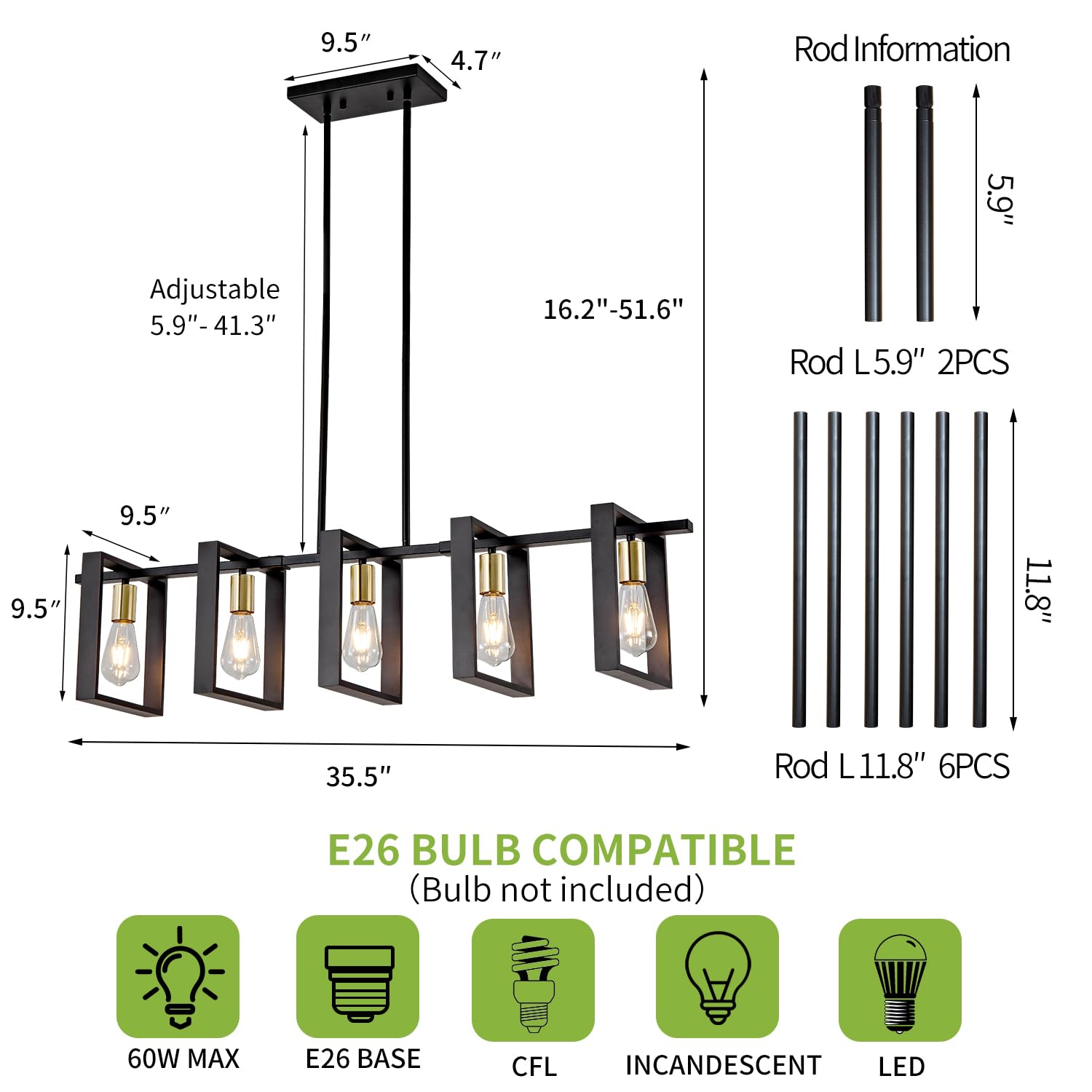 Poroulux Farmhouse Kitchen Island Lighting Black Dining Room Lights Ceiling Hanging Rustic 5 Lights Wood Chandelier Light Fixtur