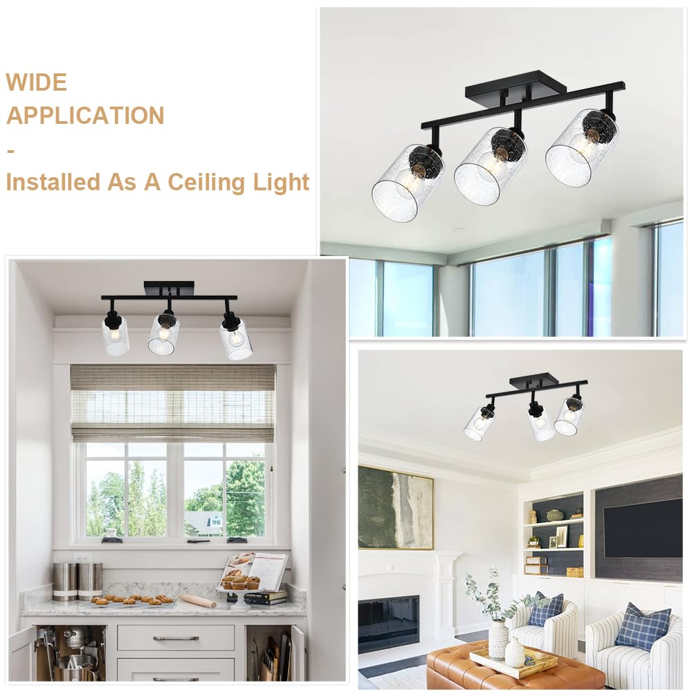 Winshen 3-Light Track Lighting Fixtures Ceiling Spot Light, Black Flush Mount Wall Bathroom Vanity Light With Seeded Glass Shade