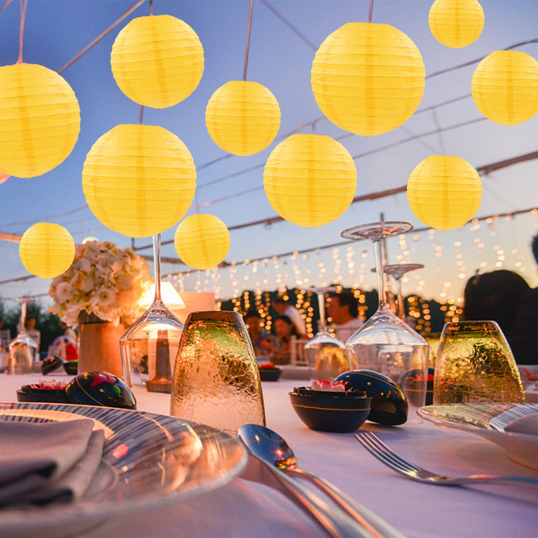 Famolay Yellow Paper Lanterns 12 Pcs Assorted Size Of 6'' 8'' 10'' 12'' Chinese Round Paper Hanging Decorations Ball Lanterns La