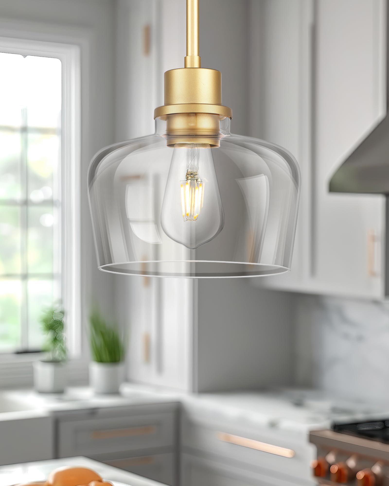 Emak 8 Inch Clear Glass Pendant Lights Kitchen Island, Modern Gold Pendant Light Fixtures For Kitchen, Bathroom, Bedroom, Dining