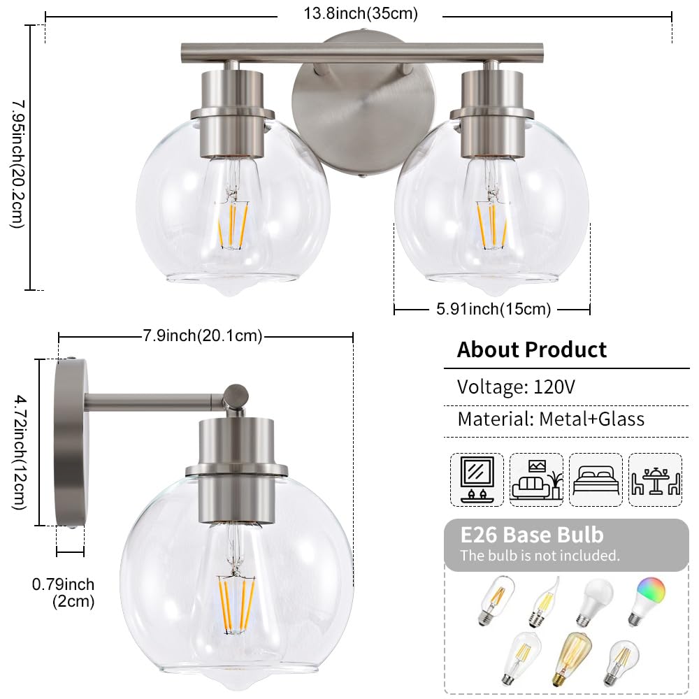 Lanmate Bathroom Light Fixtures Over Mirror 2-Lights Bathroom Vanity Light With Clear Glass Shade 13.8 Inch Modern Brushed Nicke