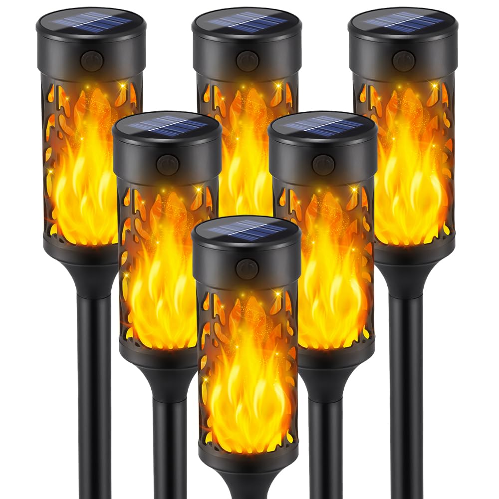 6Pcs Solar Lights Outdoor Waterproof, Solar Tiki Torches with Flickering Flame, Solar Lights for Outside Decor, Solar Powered Outdoor Lights for Yard, LED Solar Garden Lights for Pathway Garden Decor