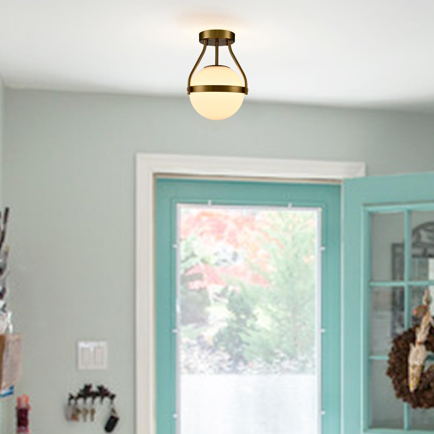 HOLKIRT Modern Ceiling Light Fixture, Brass Globe 7 Inch, Opal Glass, Mid Century Semi Flush Mount, Model B7106CU-J-20