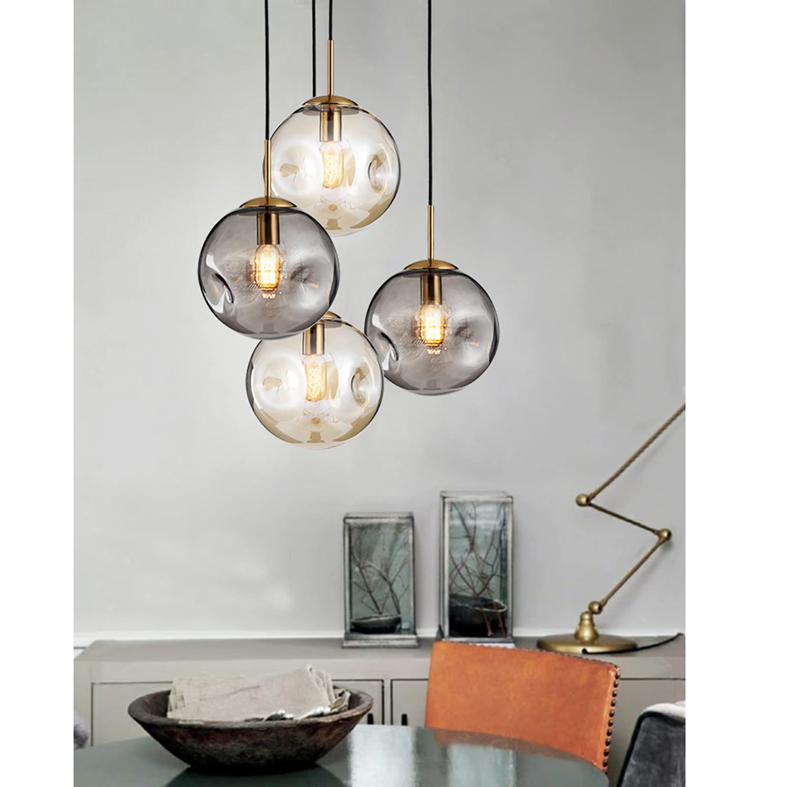 Brikey Glass Spherical Pendant Light,Gold Iron & Glass Globe Hanging Ceiling Lamp (9.8‘’, Amber)