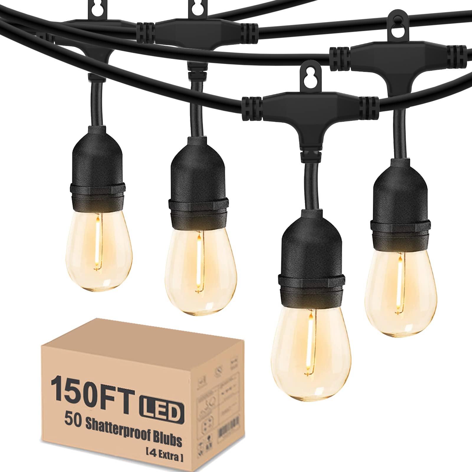 Achin Outdoor String Lights 150FT 50 Dimmable Warm Edison Bulbs Waterproof S14-warm white 2200K Model OTS15045-TS20B1-S1427