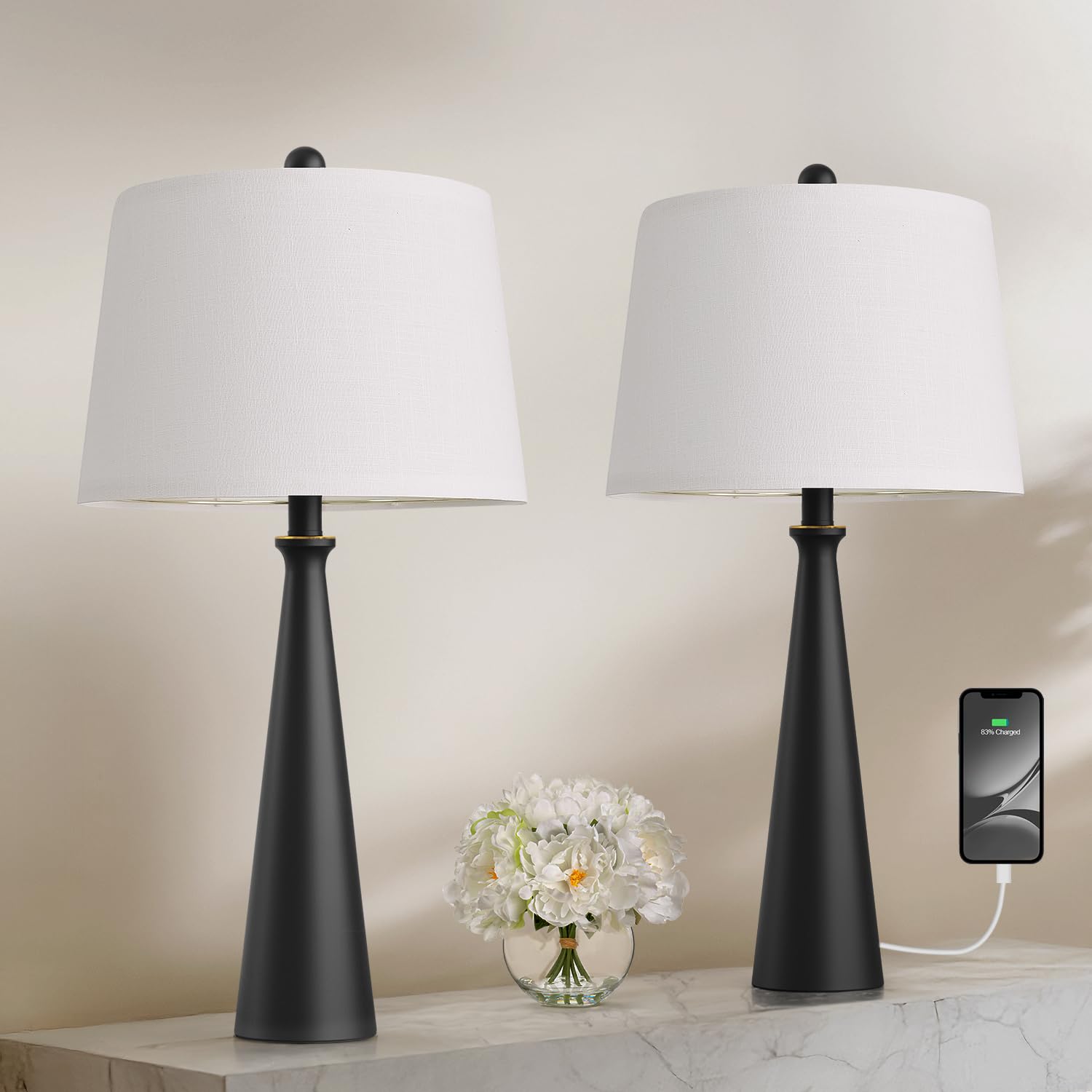 Oneach 25.75'' Modern Table Lamp Set Of 2, Bedside Lamps With Usb Ports, Black Nightstand Lamps Set For Living Room Bedroom Hous