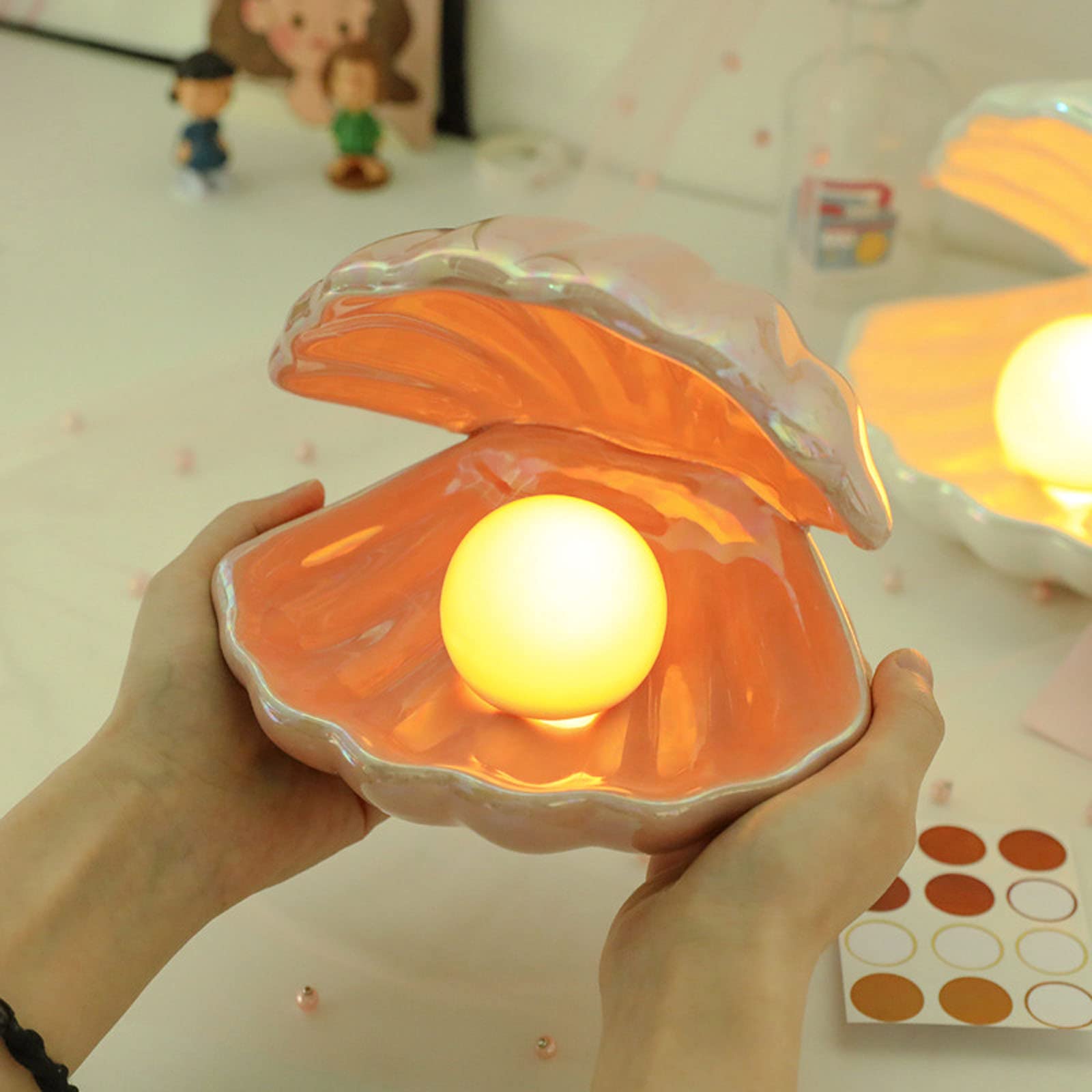 BinaryABC Ceramic Shell Pearl LED Night Light, Portable Tabletop Lamp, Christmas Gift, Pink