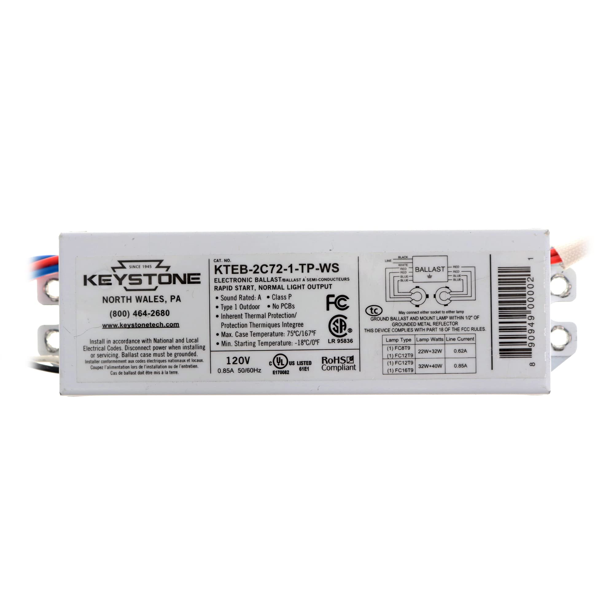 Keystone Electronic Ballast KTEB-2C72-1-TP-WS for 22 & 32 Watt Circline, 120V, with Sockets, 1 Count