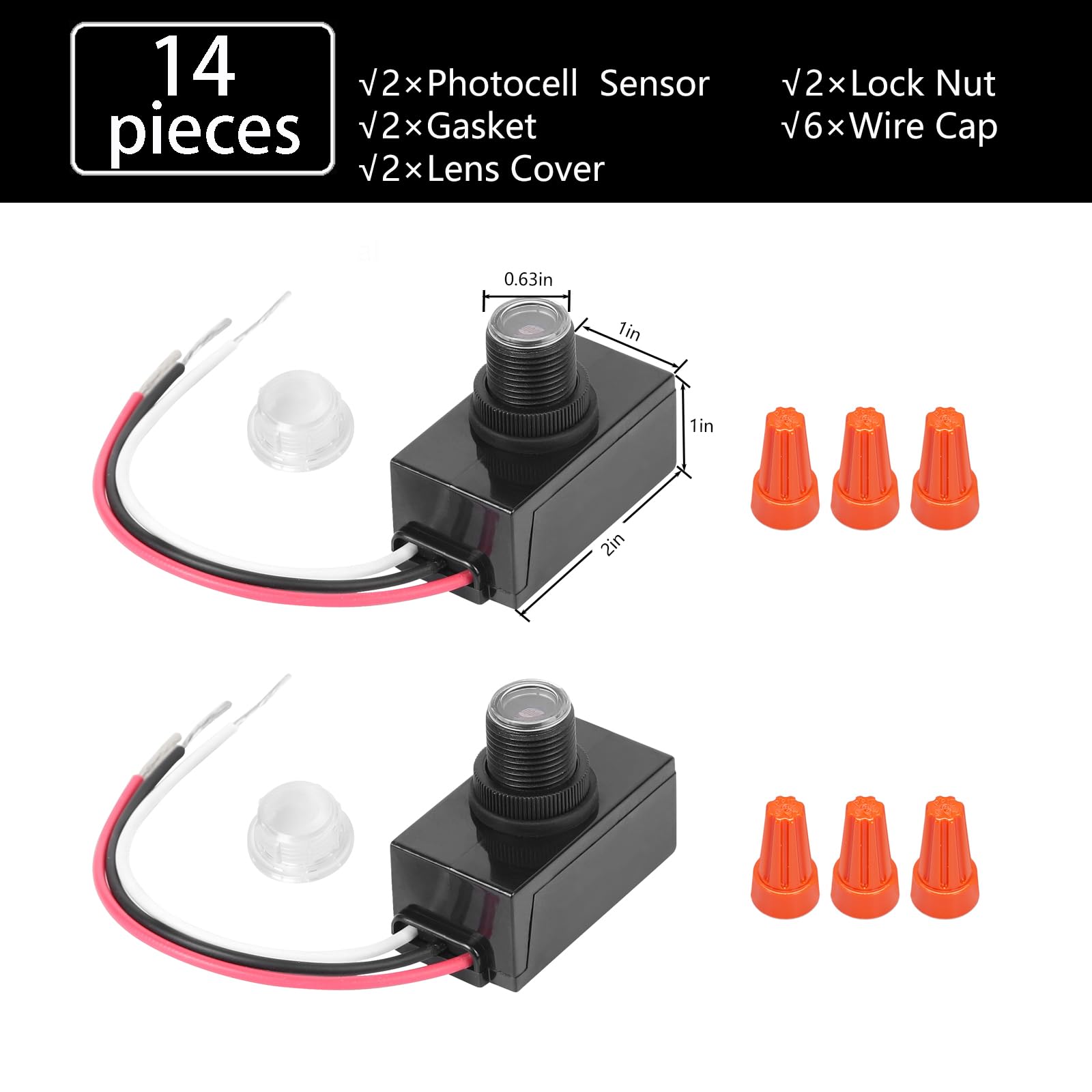 Dusk To Dawn Sensor 2 Packs, Photocell Light Sensor For Outdoor Lighting, 120-277V Photoelectric Switch Replacement With Wire Caps, Hard-Wired Post Eye Light Control Sensor For Post Lamp, Flood Light