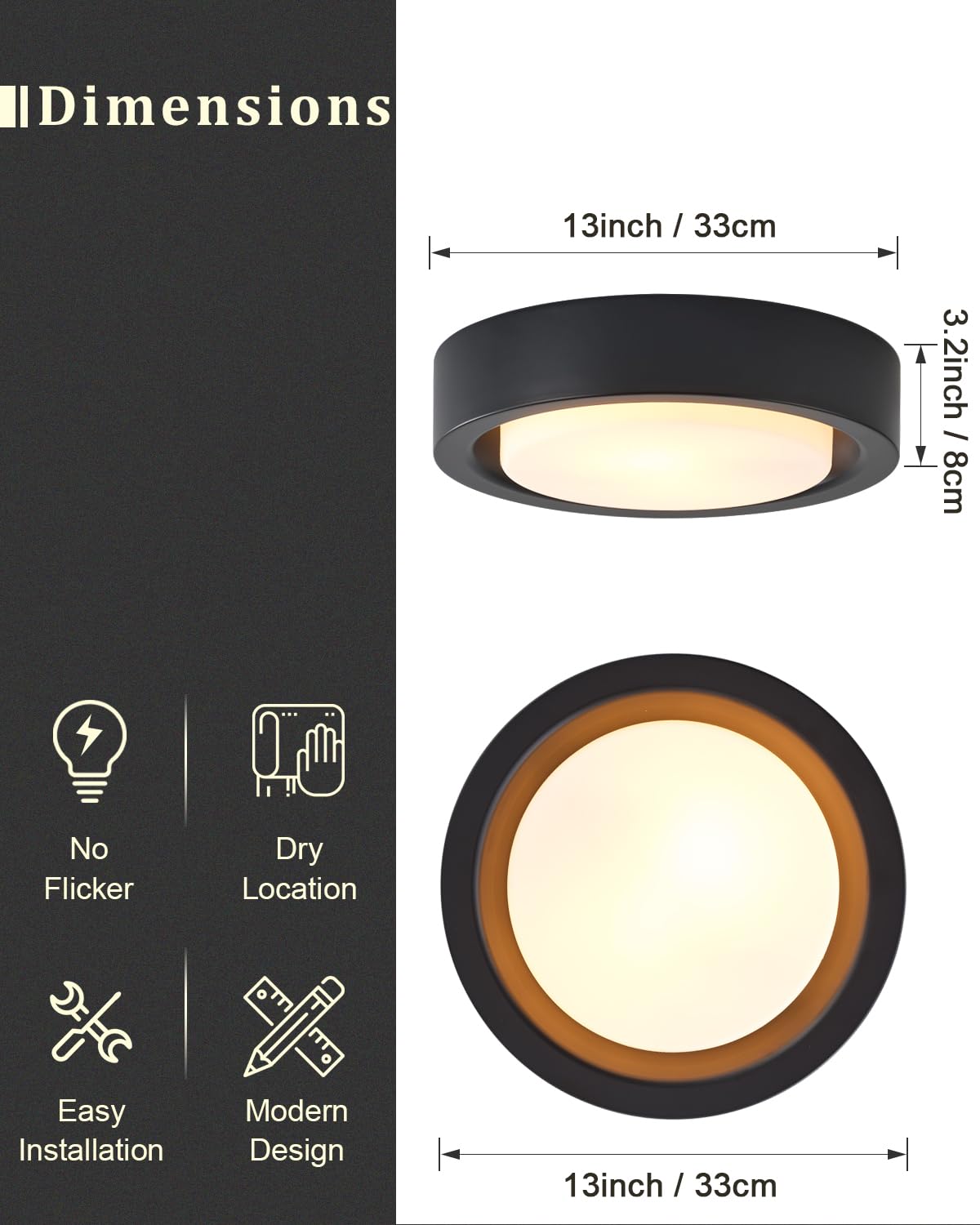 Miaomeio 13 Inch Flush Mount Ceiling Light,Black Finish Plate With Frosted Glass Shade,Round Ceiling Lighting Fixture For Hallway Bedroom Closet Livingroom Kitchen Stairwell (Black)
