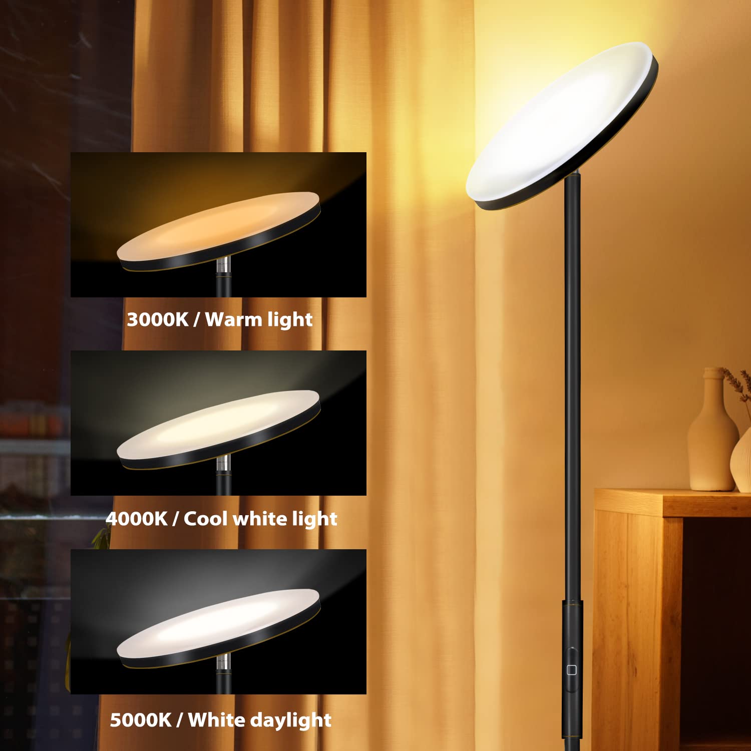 JOOFO Floor Lamp - 30W Sky LED Torchiere, 2400LM, 3 Color Temperatures, Remote & Touch Control, Black-Gold