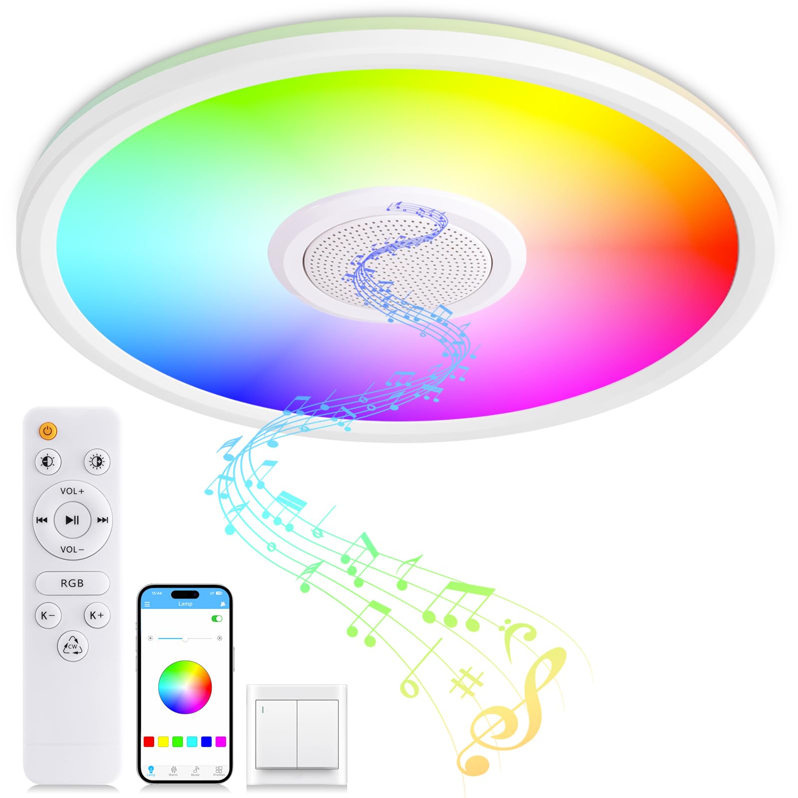 Uprizep Rgb Led Ceiling Light, With Bluetooth Speaker, 24W 12Inch Smart Music Ceiling Lamp With App And Remote Control, 3000K-65