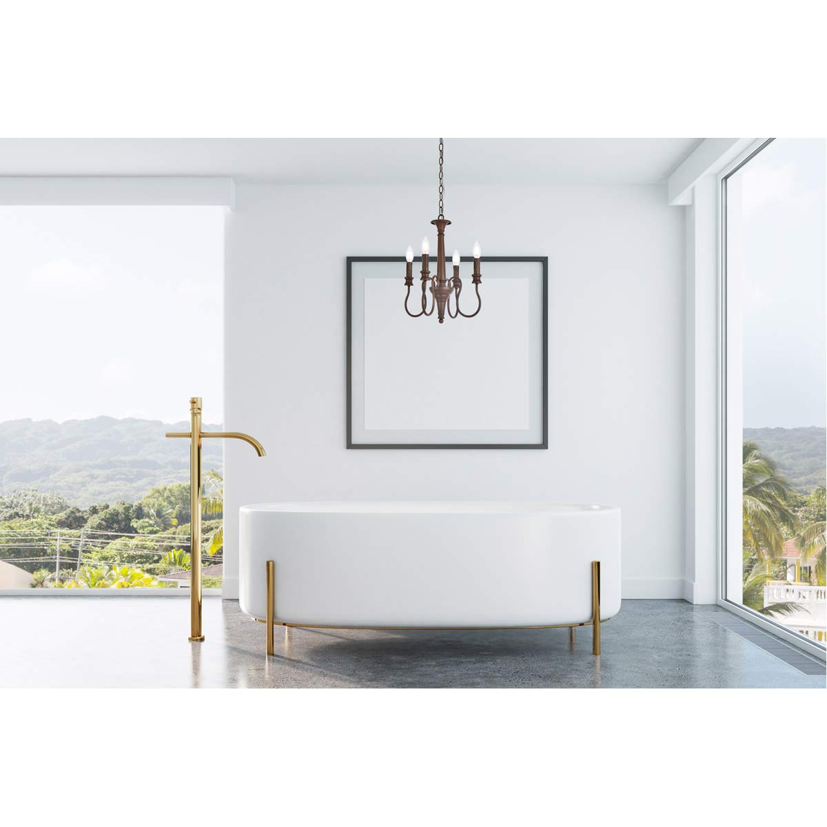 Elegant Lighting Living District Flynx 4-Light Mid-Century Metal Pendant in Weathered Oak