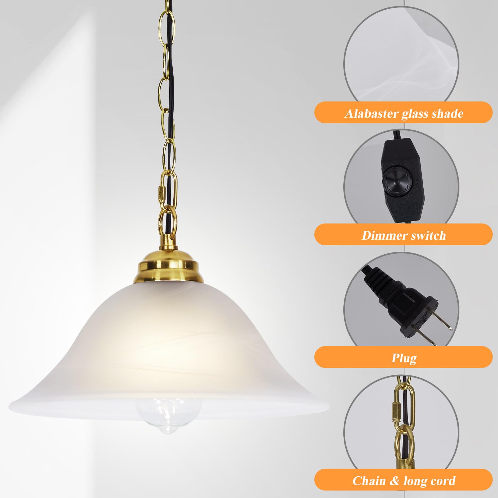 Shengqingtop Plug In Pendant Light Alabaster Glass Shade Hanging Lamp With On/Off Switch,16.4Ft Cord & 14.7Ft Chain Dimmable Bra
