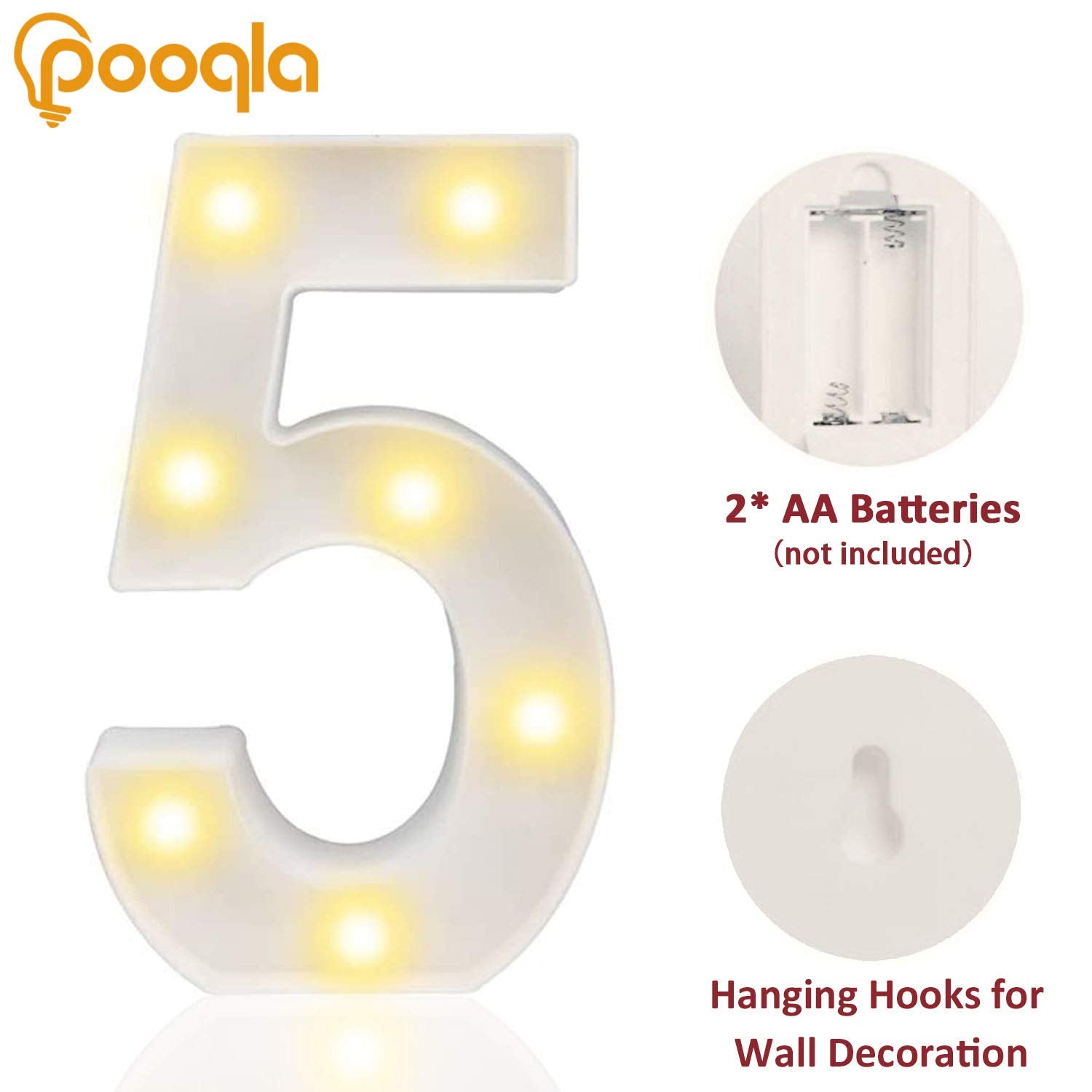 Pooqla Decorative Led Light Up Number Letters, White Plastic Marquee Number Lights Sign Party Wedding Decor Battery Operated Num