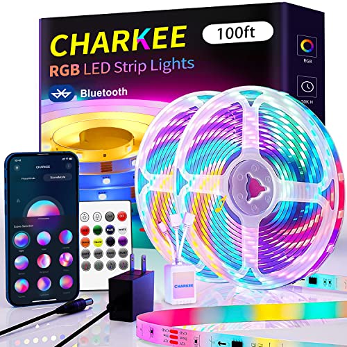 Charkee 100Ft Smart Bluetooth Led Strip Lights(50Ft * 2) Color Changing Rgb Led Strips App Control, Sync Music By Sensitive Buil