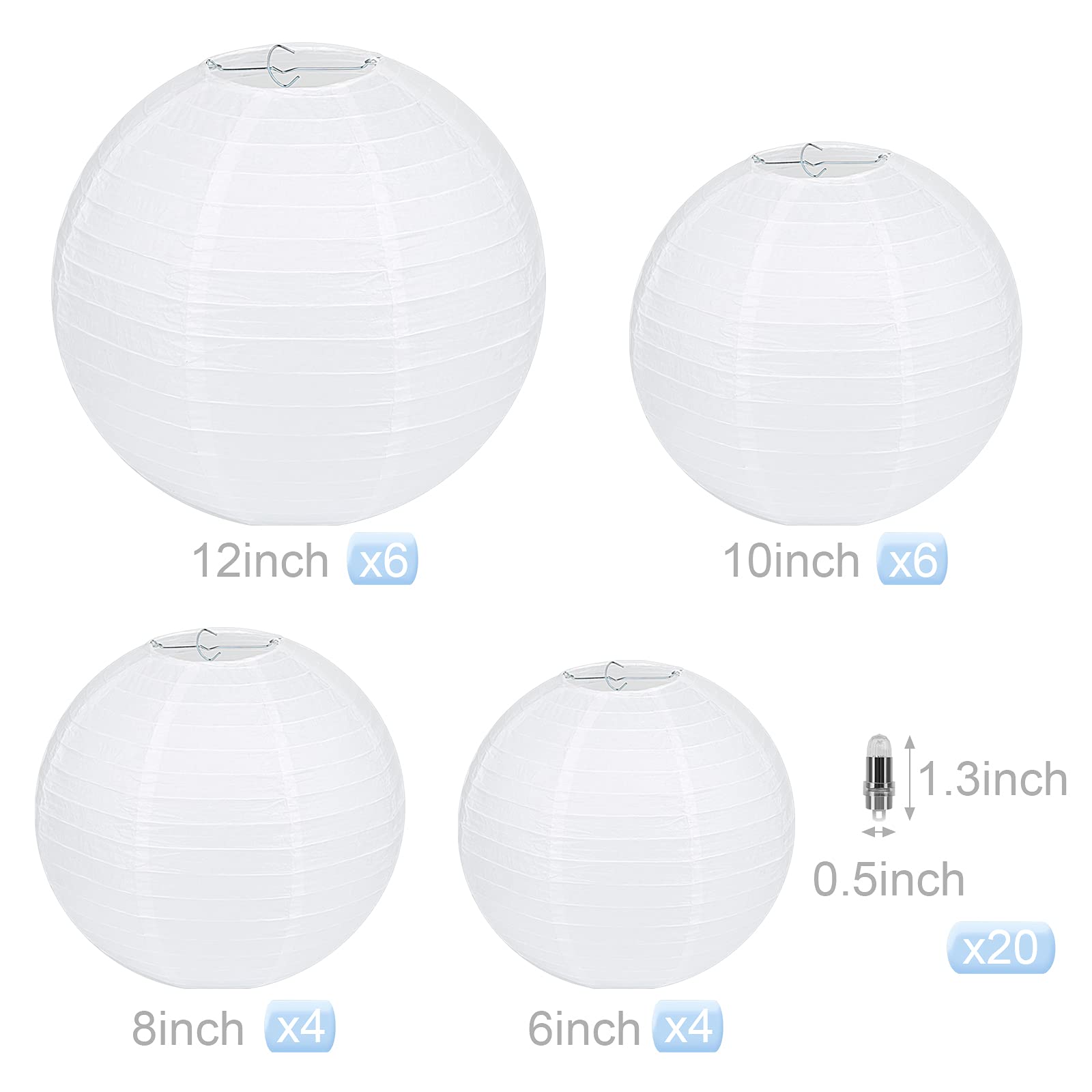 Lihao 20Pcs White Paper Lanterns With Lights, Round Hanging Paper Lanterns Decorative Chinese Lanterns For Wedding Anniversary B