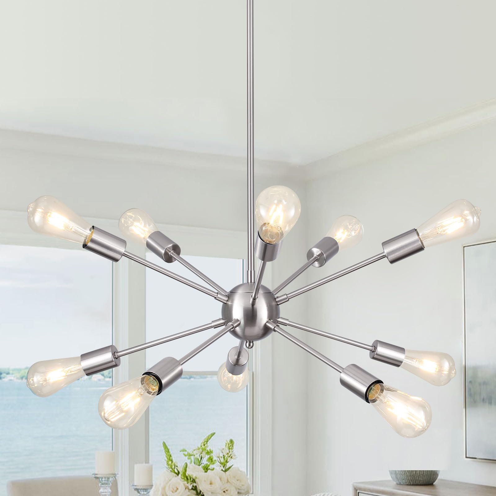 Mid Century Modern Sputnik Chandeliers,10 Lights Sputnik Ceiling Light Fixture Modern Brushed Nickel Chandeliers For Dining Room