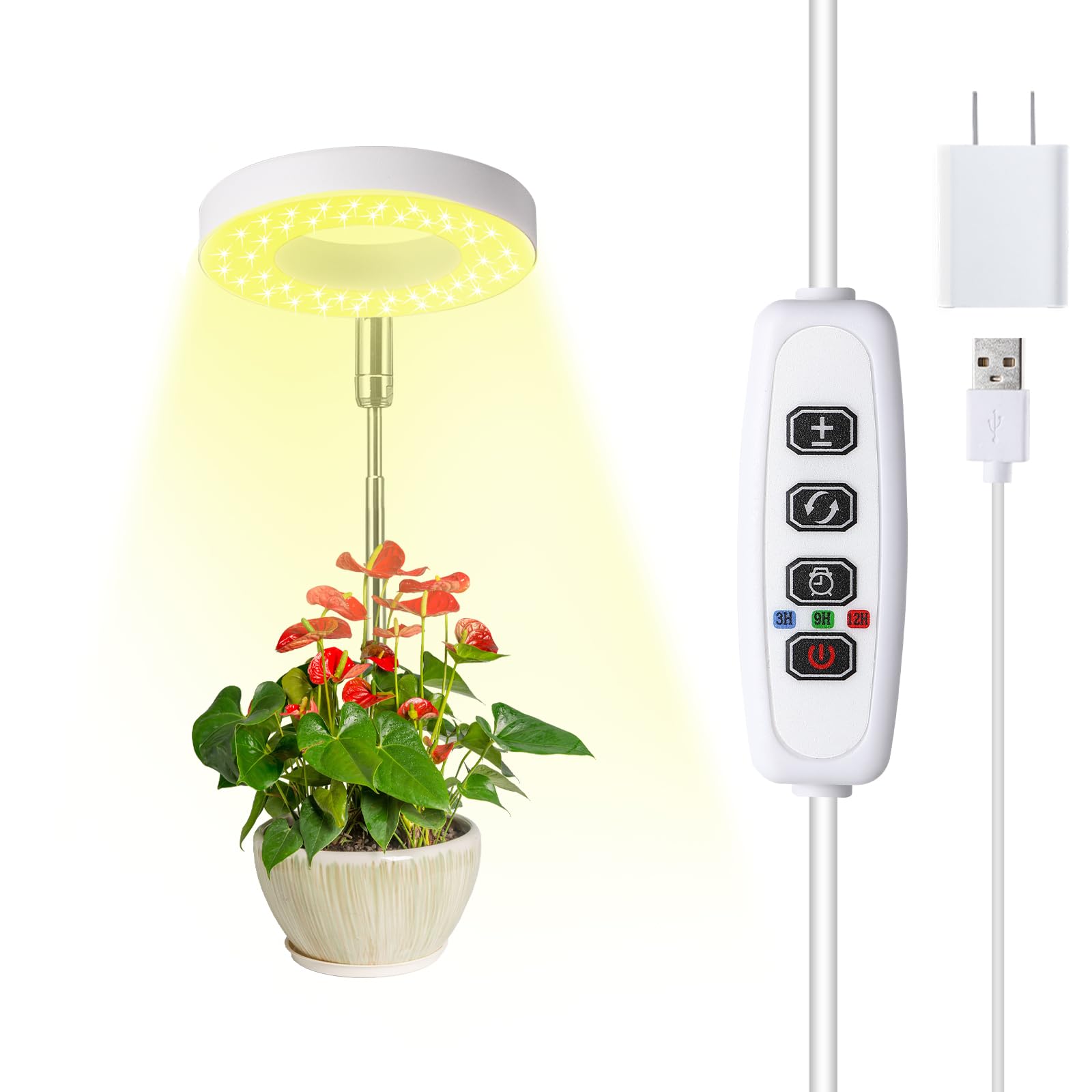 Halo Ring Grow Lights For Small Indoor Plants, Warm+White 48Leds Full Spectrum Plant Light, Height Adjustable With 5V 2A Adapter, 3/9/12H Timer, 3 Spectral Modes, 10 Dimmable Levels, Angel Ring 1 Pack