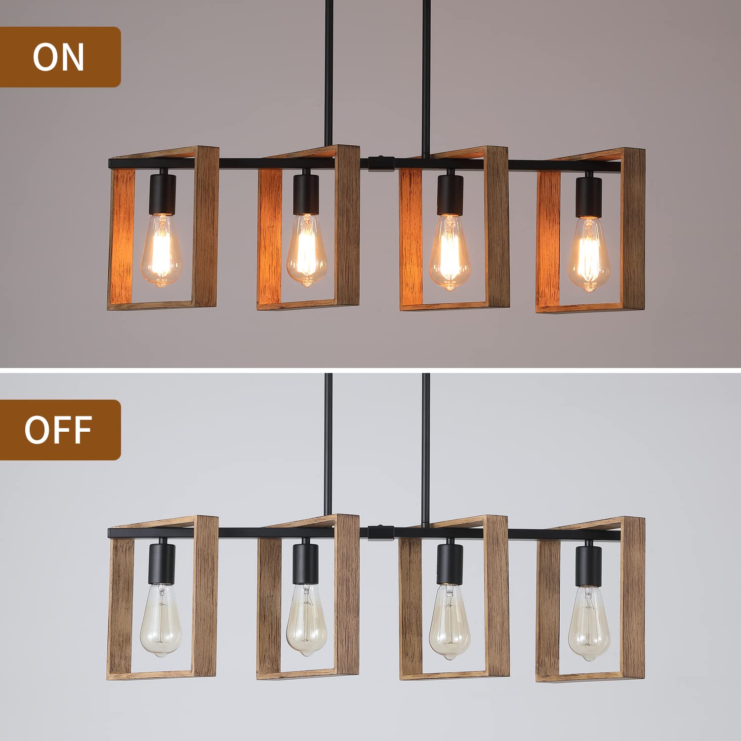 9Mmml 4 Lights Island Light For Kitchen,Farmhouse Industrial Rectangle Pendant Light, Black Body+Wood Frame Vintage Chandelier For Dining&Living Room Pool Table Hallway Entryway Foyer,E26