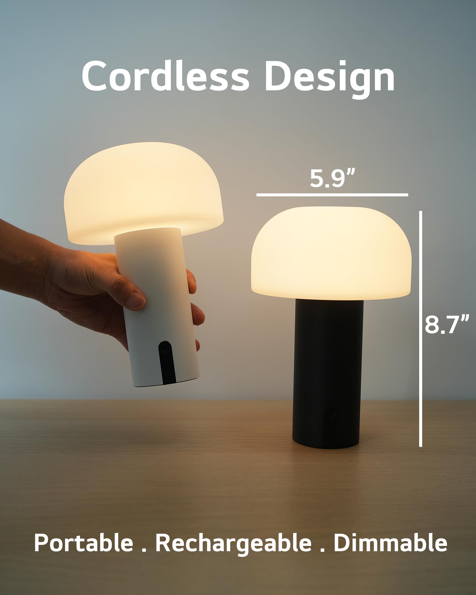 Ilovinit Waterproof Rechargeable Outdoor Mushroom Table Lamp, Cordless Usb Touch Dimming Light - White