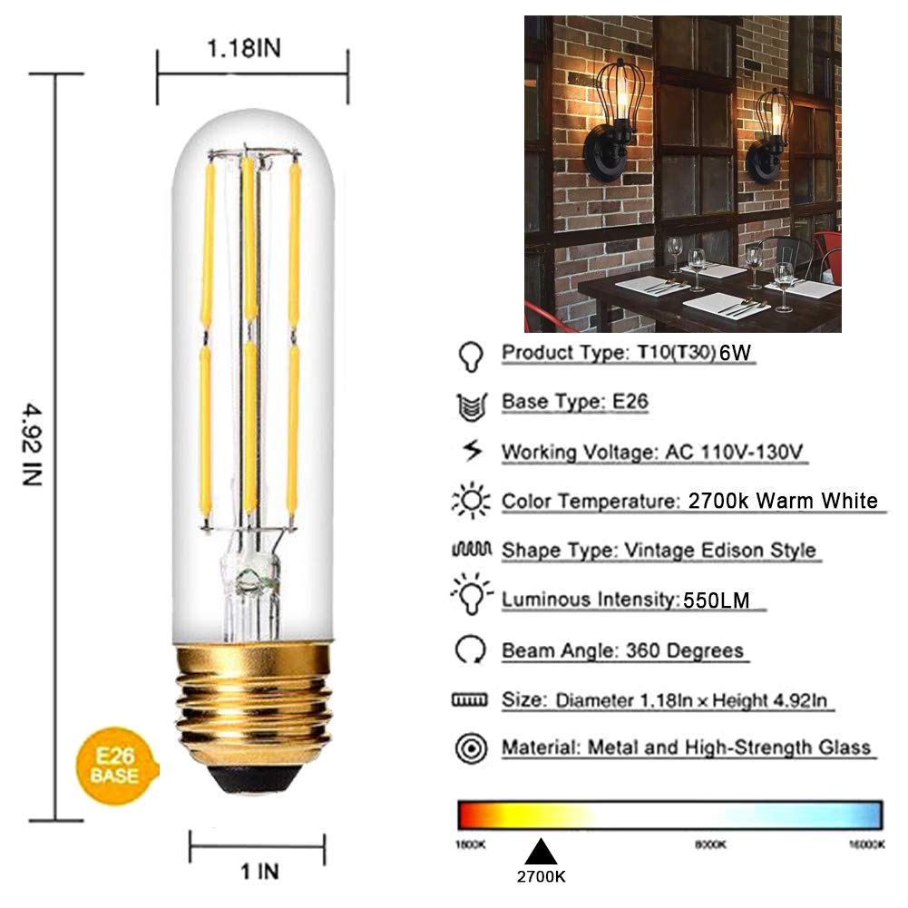 YFXRLIGHT Dimmable T10 LED Bulbs 6W 60W Equivalent 550LM Warm White 2700K Glass E26 Medium Base 6 Pack