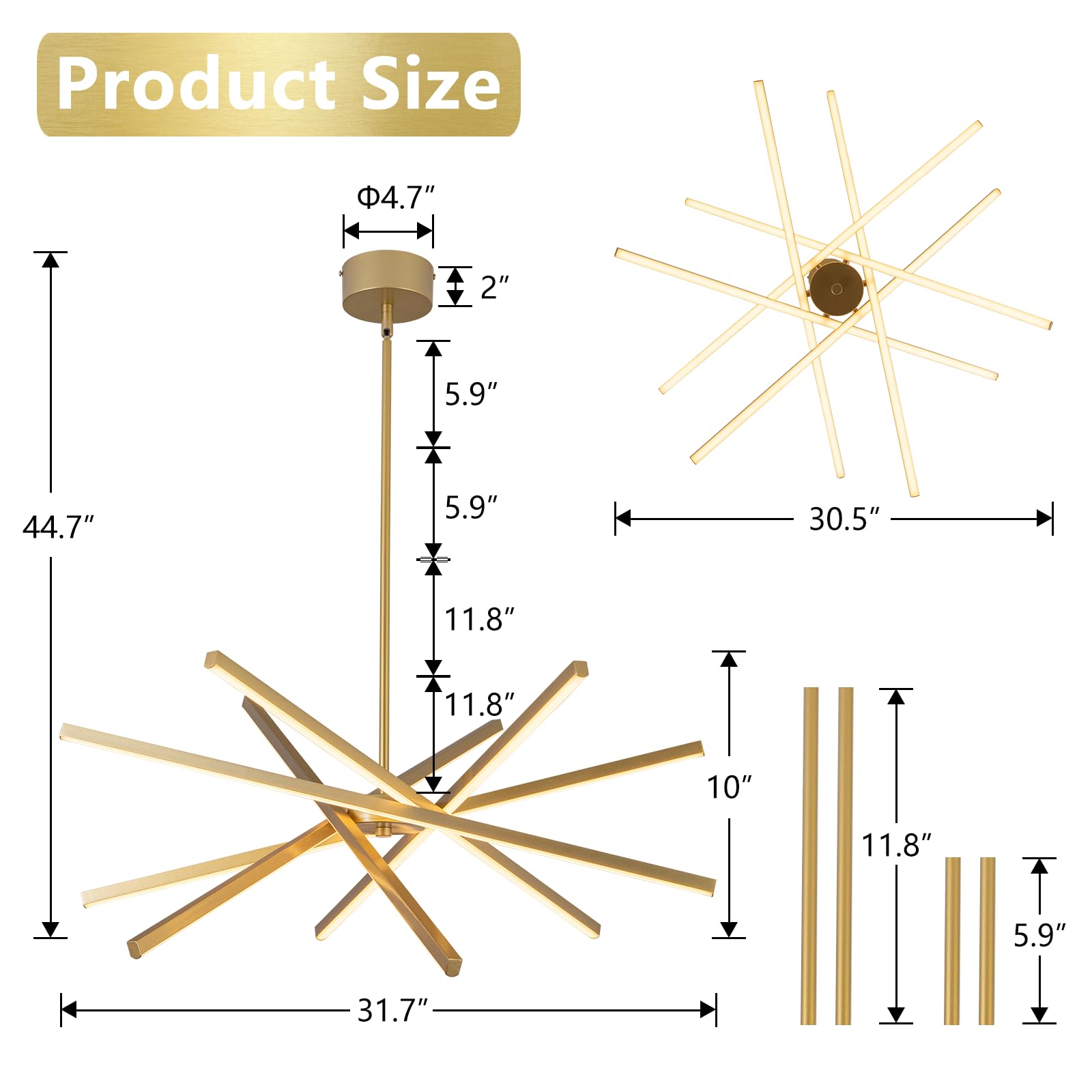 HOGBU Modern Gold Chandelier - LED 6-Lights Dimmable Pendant Light 31.7" for Dining Room & Kitchen, Model G009P-6BR-NEW