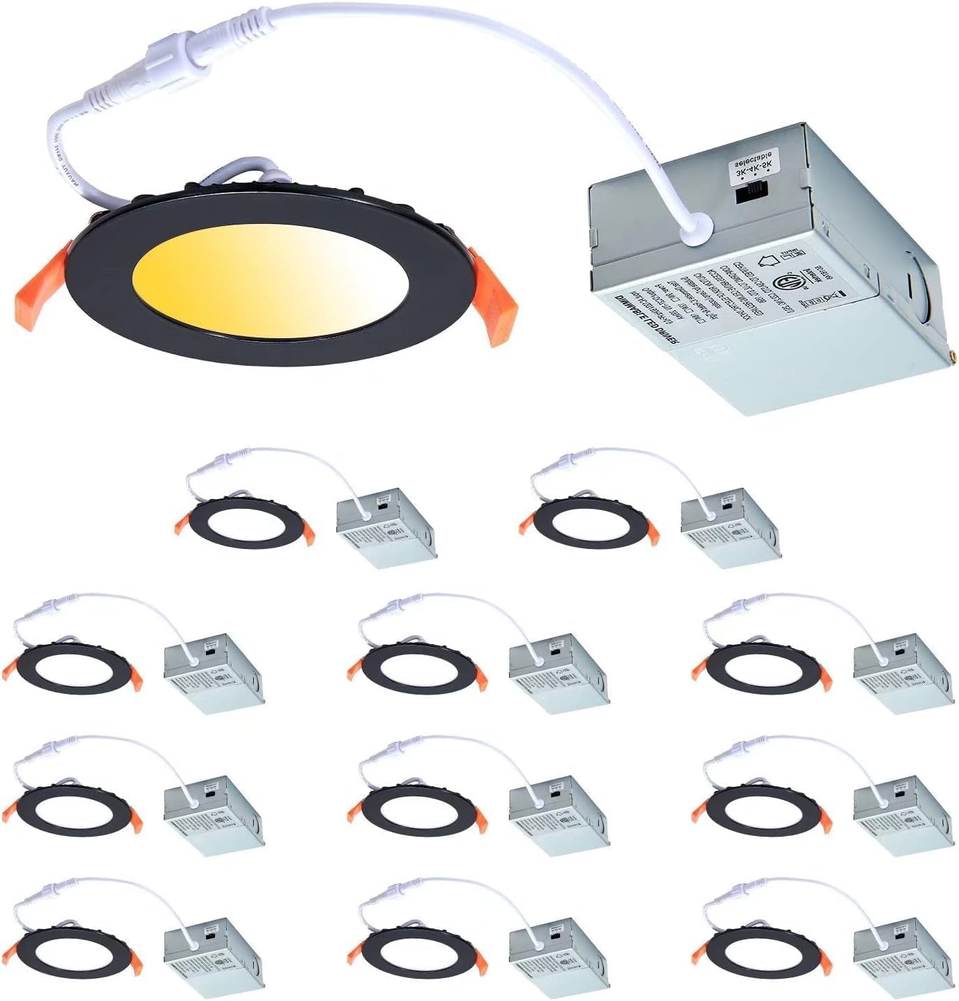 Cycevsun 12 Pack Black Recessed Lights, Canless 4 Inch Soffit Wafer Lighting With Junction Box, Dimmable & 2700K 3000K 3500K 4000K 5000K Selectable, 9W, 120V, Wet & Ic Rated, Etl